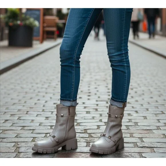 Studded Gray Combat-Style Ankle Boots With Chunky Block Heel And Side Zipper Clo - Picture 3 of 8